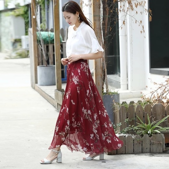 Floral Chiffon Circle Women High Waist Maxi Skirt Relaxed Lightweight Chic Skirt - Picture 2 of 9